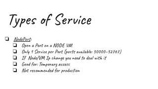 Types of Service
❏ NodePort:
❏ Open a Port on a NODE VM
❏ Only 1 Service per Port (ports available: 30000–32767)
❏ If Node/VM Ip change you need to deal with it
❏ Good for: Temporary access
❏ Not recommended for production
 