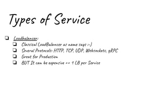 Types of Service
❏ Loadbalancer:
❏ Classical LoadBalancer as name says :-)
❏ Several Protocols: HTTP, TCP, UDP, Websockets, gRPC
❏ Great for Production
❏ BUT It can be expensive == 1 LB per Service
 