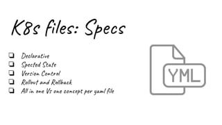 K8s ﬁles: Specs
❏ Declarative
❏ Spected State
❏ Version Control
❏ Rollout and Rollback
❏ All in one Vs one concept per yaml ﬁle
 