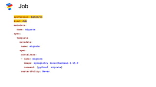 Job
apiVersion: batch/v1
kind: Job
metadata:
name: migrate
spec:
template:
metadata:
name: migrate
spec:
containers:
- name: migrate
image: myregistry.local/backend:0.15.9
command: [python3, migrate]
restartPolicy: Never
 