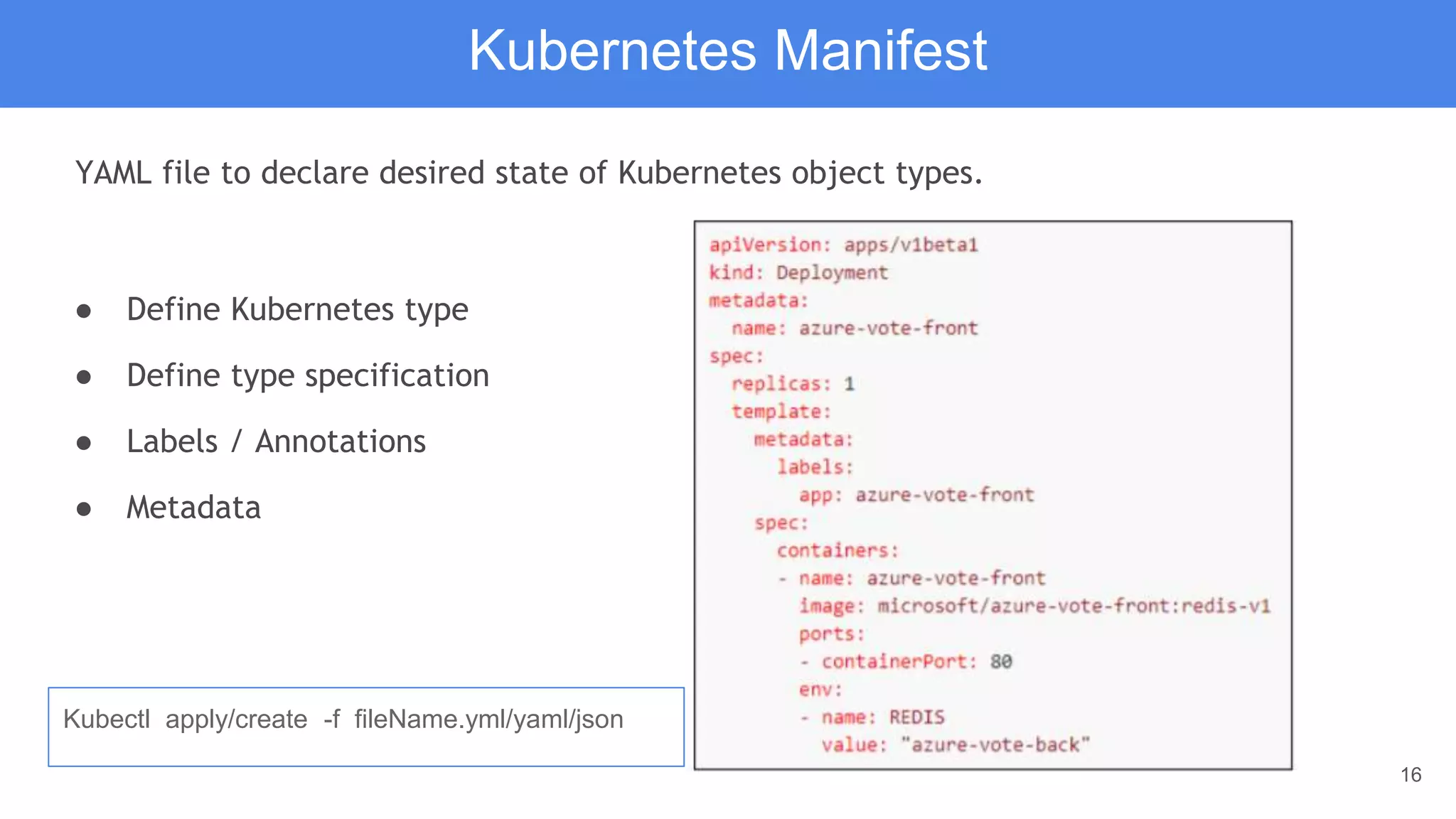 16
Kubernetes Manifest
YAML file to declare desired state of Kubernetes object types.
● Define Kubernetes type
● Define type specification
● Labels / Annotations
● Metadata
Kubectl apply/create -f fileName.yml/yaml/json
 