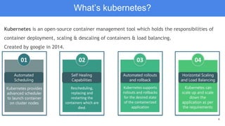 4
Kubernetes is an open-source container management tool which holds the responsibilities of
container deployment, scaling & descaling of containers & load balancing.
Created by google in 2014.
What’s kubernetes?
 