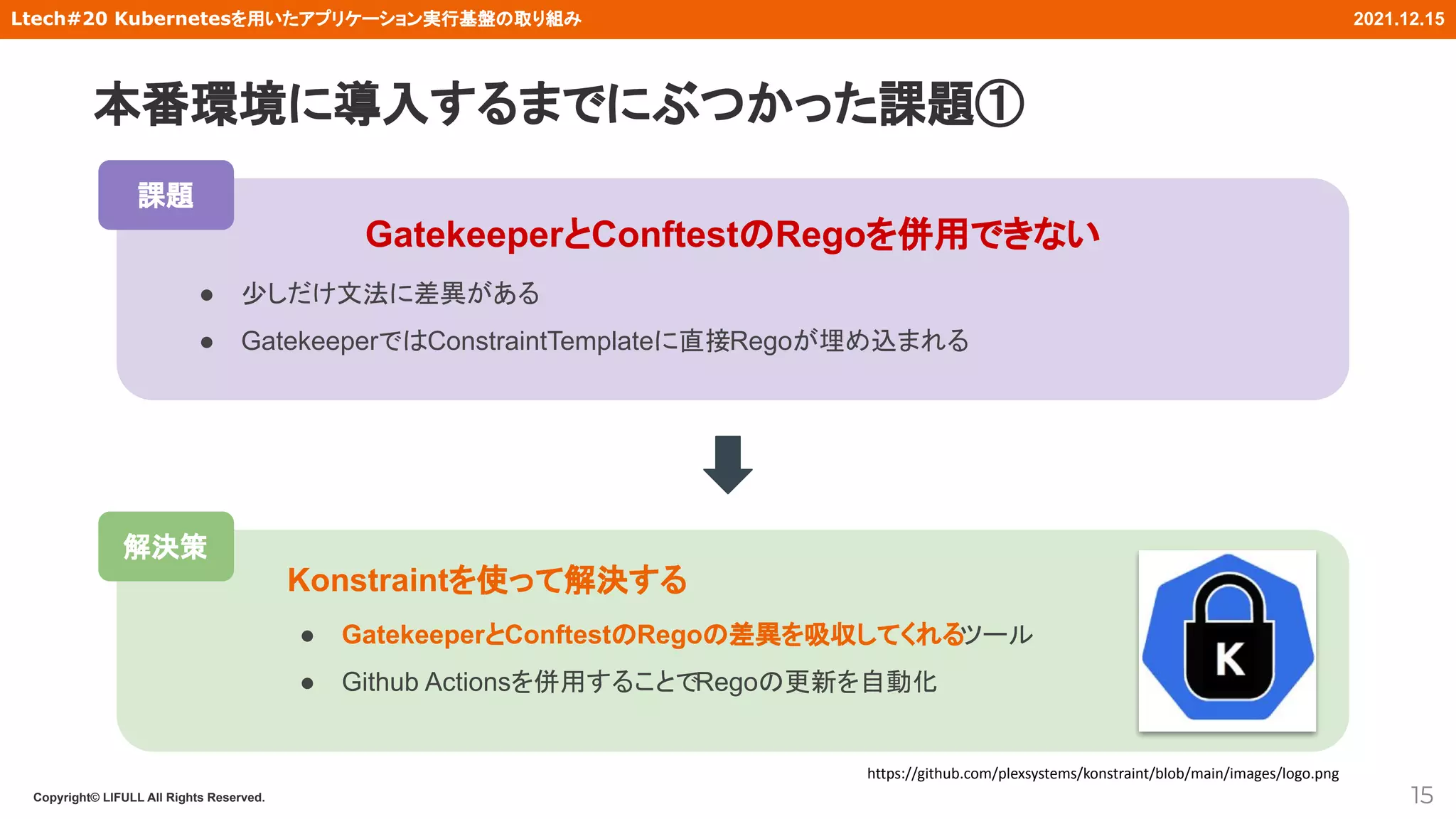 Copyright© LIFULL All Rights Reserved.
Ltech#20 Kubernetesを用いたアプリケーション実行基盤の取り組み 2021.12.15
解決策
GatekeeperとConftestのRegoを併用できない
● 少しだけ文法に差異がある
● GatekeeperではConstraintTemplateに直接Regoが埋め込まれる
15
https://github.com/plexsystems/konstraint/blob/main/images/logo.png
Konstraintを使って解決する
● GatekeeperとConftestのRegoの差異を吸収してくれるツール
● Github Actionsを併用することでRegoの更新を自動化
課題
本番環境に導入するまでにぶつかった課題①
 