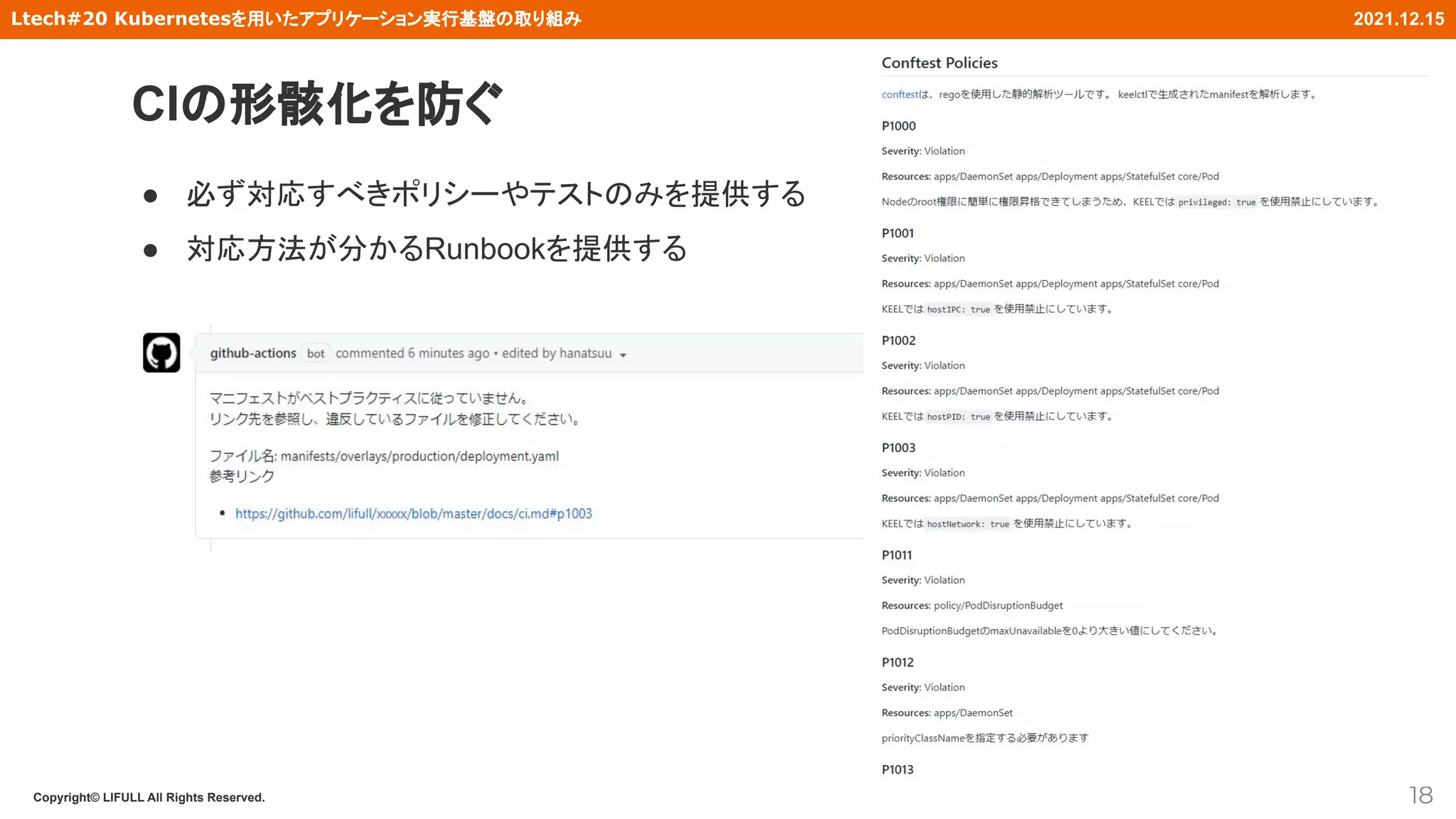 Copyright© LIFULL All Rights Reserved.
Ltech#20 Kubernetesを用いたアプリケーション実行基盤の取り組み 2021.12.15
● 必ず対応すべきポリシーやテストのみを提供する
● 対応方法が分かるRunbookを提供する
CIの形骸化を防ぐ
18
 