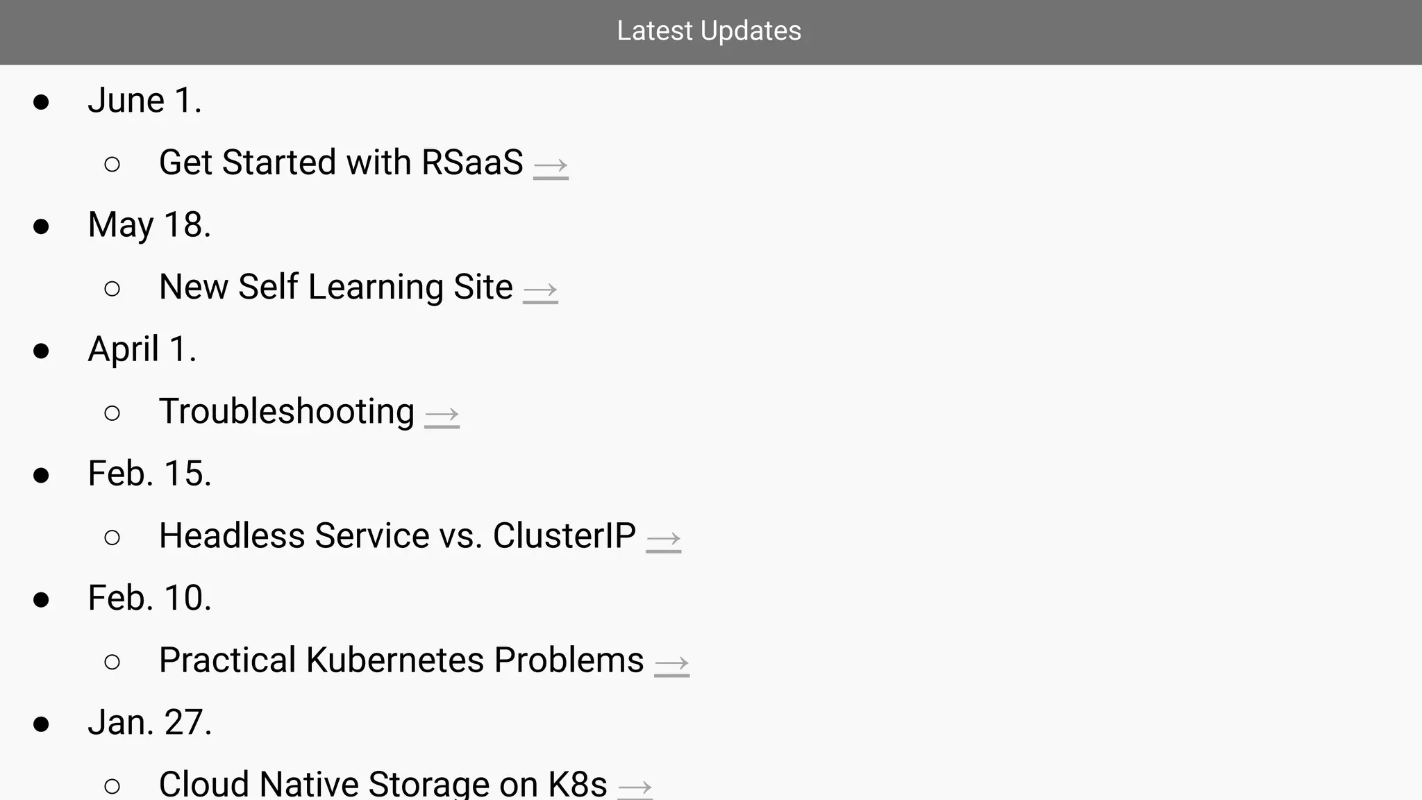 Latest Updates
● June 1.
○ Get Started with RSaaS →
● May 18.
○ New Self Learning Site →
● April 1.
○ Troubleshooting →
● Feb. 15.
○ Headless Service vs. ClusterIP →
● Feb. 10.
○ Practical Kubernetes Problems →
● Jan. 27.
○ Cloud Native Storage on K8s →
 