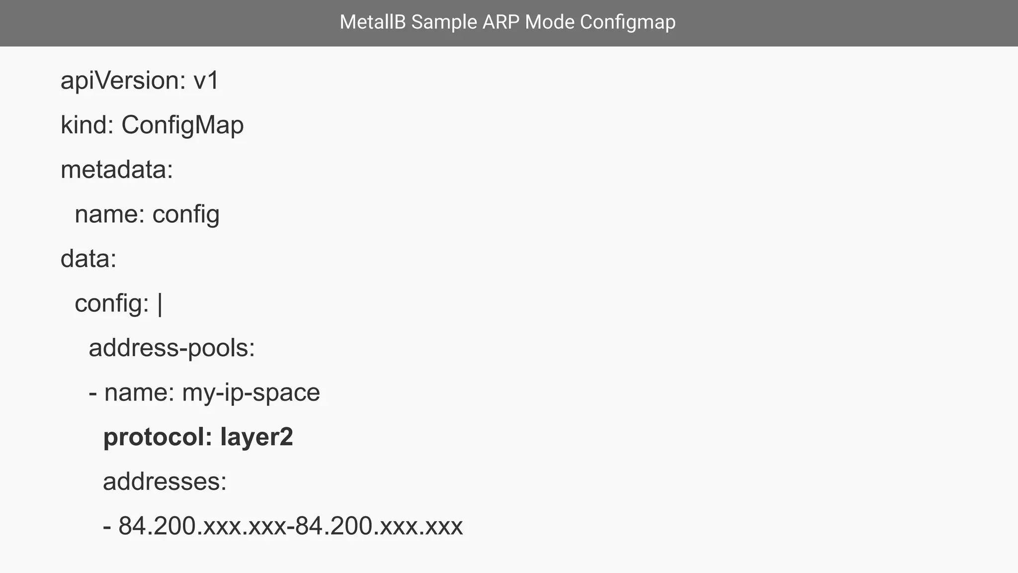MetallB Sample ARP Mode Conﬁgmap
apiVersion: v1
kind: ConfigMap
metadata:
name: config
data:
config: |
address-pools:
- name: my-ip-space
protocol: layer2
addresses:
- 84.200.xxx.xxx-84.200.xxx.xxx
 
