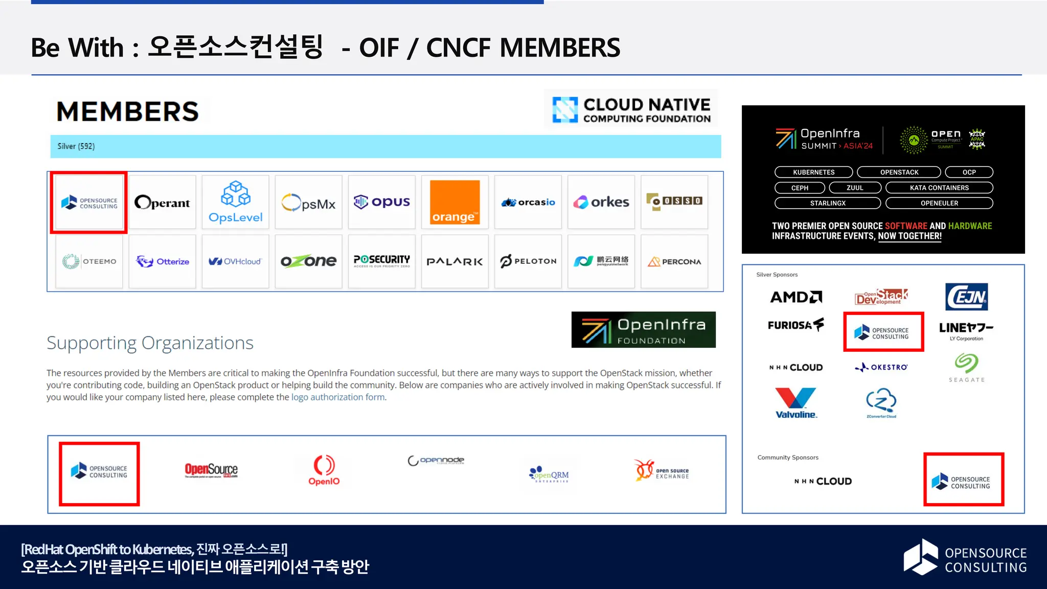 [RedHatOpenShifttoKubernetes,진짜오픈소스로!]
오픈소스기반클라우드네이티브애플리케이션구축방안
Be With : 오픈소스컨설팅 - OIF / CNCF MEMBERS
 