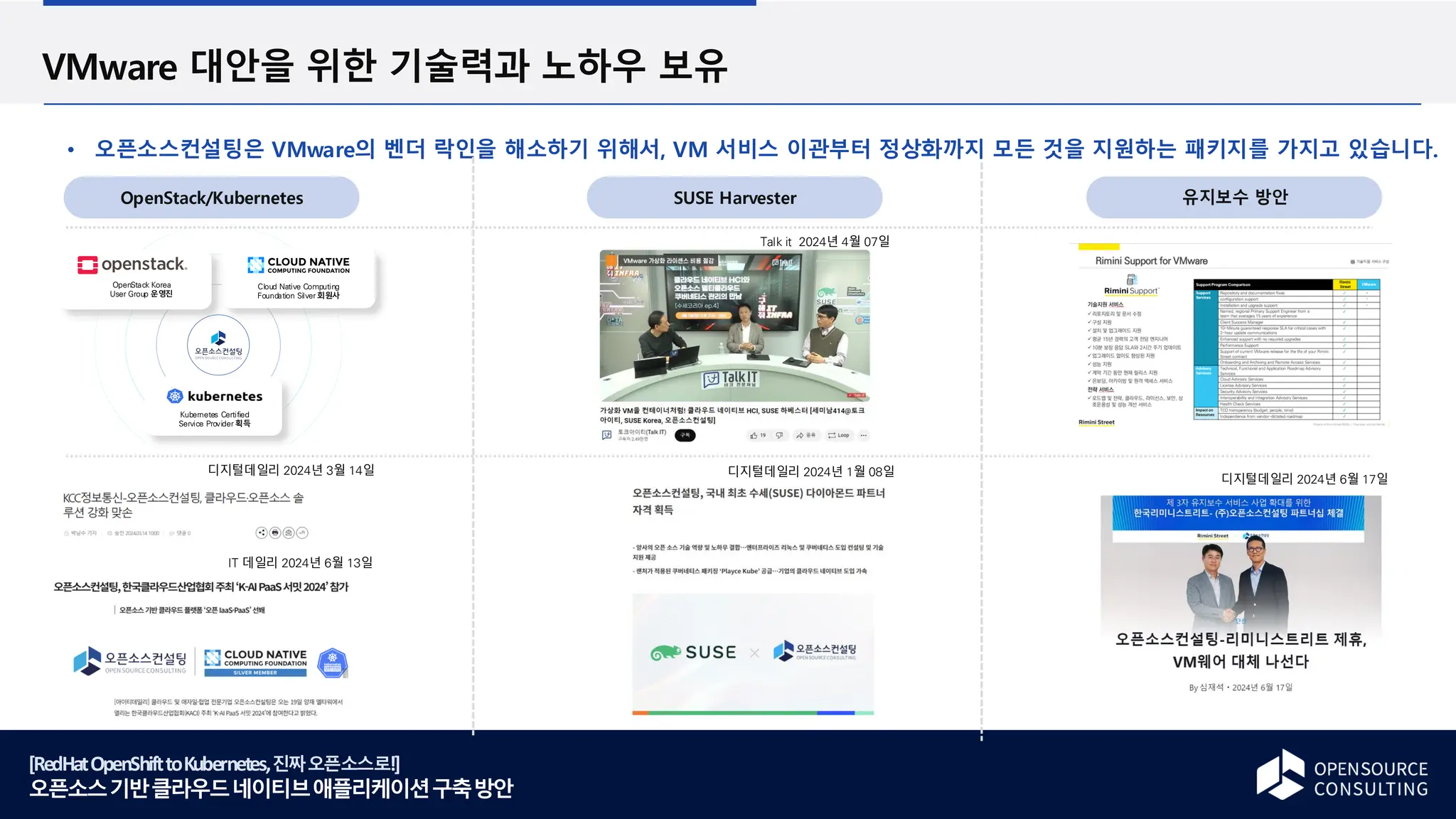 [RedHatOpenShifttoKubernetes,진짜오픈소스로!]
오픈소스기반클라우드네이티브애플리케이션구축방안
VMware 대안을 위한 기술력과 노하우 보유
오픈소스컨설팅은 VMware의 벤더 락인을 해소하기 위해서, VM 서비스 이관부터 정상화까지 모든 것을 지원하는 패키지를 가지고 있습니다.
유지보수 방안
SUSE Harvester
OpenStack/Kubernetes
디지털데일리 2024년 6월 17일
디지털데일리 2024년 1월 08일
디지털데일리 2024년 3월 14일
IT 데일리 2024년 6월 13일
Talk it 2024년 4월 07일
Cloud Native Computing
Foundation Silver 회원사
OpenStack Korea
User Group 운영진
Kubernetes Certified
Service Provider 획득
 