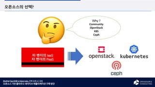 [RedHatOpenShifttoKubernetes,진짜오픈소스로!]
오픈소스기반클라우드네이티브애플리케이션구축방안
오픈소스의 선택?
Why ?
Community
OpenStack
K8S
Ceph
타 밴더의 IaaS
타 밴더의 PaaS
 