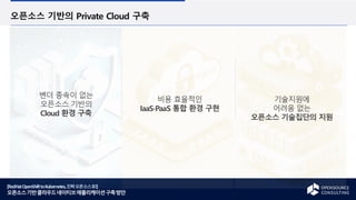 [RedHatOpenShifttoKubernetes,진짜오픈소스로!]
오픈소스기반클라우드네이티브애플리케이션구축방안
오픈소스 기반의 Private Cloud 구축
벤더 종속이 없는
오픈소스 기반의
Cloud 환경 구축
비용 효율적인
IaaS∙PaaS 통합 환경 구현
기술지원에
어려움 없는
오픈소스 기술집단의 지원
 
