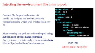 Injecting the environment file cm’s to pod:
Create a file for pod and execute it
Inside the pod.yml we have to declare a
configmap name which was created with env
file
After creating the pod, enter into the pod using
kubectl exec -it pod_name /bin/bash
Once you entered into pod give a command env
That will print the list of environments. POD.YML
kubectl apply -f pod.yml
 