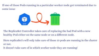 Here replicaSet's will only take care of those 10 pods are running in the cluster
or not.
It doesn't take care of in which worker node they are running!
The ReplicaSet Controller takes care of replacing the bad Pod with a new
healthy Pod either on the same node or on a different node.
If one of those Pods running in a particular worker node got terminated due to
some issue
 