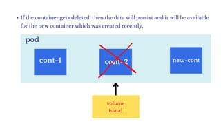 If the container gets deleted, then the data will persist and it will be available
for the new container which was created recently.
pod
cont-1 new-cont
cont-2
volume
(data)
 