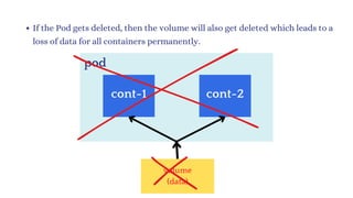 If the Pod gets deleted, then the volume will also get deleted which leads to a
loss of data for all containers permanently.
pod
cont-1 cont-2
volume
(data)
 