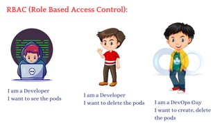 RBAC (Role Based Access Control):
I am a Developer
I want to see the pods
I am a Developer
I want to delete the pods I am a DevOps Guy
I want to create, delete
the pods
 