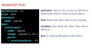 MANIFEST FILE:
apiVersion: This is the version of API from
Kubernetes which is used to create objects.
kind: defines the object that we are creating.
metadata: data about the object like names,
labels etc ...
spec: It is the specifications of the object
 