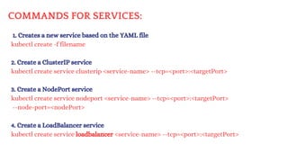 COMMANDS FOR SERVICES:
1. Creates a new service based on the YAML file
kubectl create -f filename
2. Create a ClusterIP service
kubectl create service clusterip <service-name> --tcp=<port>:<targetPort>
3. Create a NodePort service
kubectl create service nodeport <service-name> --tcp=<port>:<targetPort>
--node-port=<nodePort>
4. Create a LoadBalancer service
kubectl create service loadbalancer <service-name> --tcp=<port>:<targetPort>
 