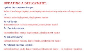 To roll back:
update the container image:
kubectl rollout status deployment/deployment-name
kubectl set image deployment/deployment-name my-container=image-name
or
kubectl edit deployment/deployment-name
UPDATING A DEPLOYMENT:
kubectl rollout status deployment/deployment-name
To check the status:
To get the history:
kubectl rollout history deployment/deployment-name
To rollback specific version:
kubectl rollout undo deployment/deployment-name --to-revision=number
 