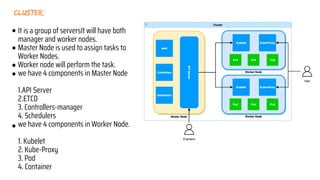 cluster:
It is a group of serversIt will have both
manager and worker nodes.
Master Node is used to assign tasks to
Worker Nodes.
Worker node will perform the task.
we have 4 components in Master Node
1.API Server
2.ETCD
3. Controllers-manager
4. Schedulers
we have 4 components in Worker Node.
1. Kubelet
2. Kube-Proxy
3. Pod
4. Container
 