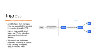 Ingress
• An API object that manages
external access to the services
in a cluster, typically HTTP.
• Ingress may provide load
balancing, SSL termination
and name-based virtual
hosting.
• You must have an Ingress
controller to satisfy an Ingress.
Only creating an Ingress
resource has no effect
 