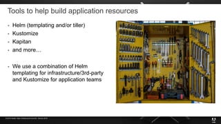 © 2019 Adobe. Open Infrastructure Summit - Denver 2019
Tools to help build application resources
 Helm (templating and/or tiller)
 Kustomize
 Kapitan
 and more…
 We use a combination of Helm
templating for infrastructure/3rd-party
and Kustomize for application teams
 