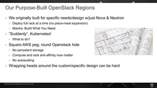 © 2019 Adobe. Open Infrastructure Summit - Denver 2019
Our Purpose-Built OpenStack Regions
 We originally built for specific needs/design w/just Nova & Neutron
 Deploy full rack at a time (no piece-meal expansion)
 Mantra: Build What You Need
 ”Suddenly”, Kubernetes!
 What to do?
 Square AWS peg, round Openstack hole
 No persistent storage
 Compute and rack anti-affinity now matter
 No autoscaling
 Wrapping heads around the custom/specific design can be hard
 