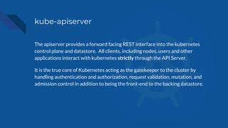 kube-apiserver
The apiserver provides a forward facing REST interface into the kubernetes
control plane and datastore. All clients, including nodes, users and other
applications interact with kubernetes strictly through the API Server.
It is the true core of Kubernetes acting as the gatekeeper to the cluster by
handling authentication and authorization, request validation, mutation, and
admission control in addition to being the front-end to the backing datastore.
 