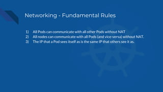 Networking - Fundamental Rules
1) All Pods can communicate with all other Pods without NAT
2) All nodes can communicate with all Pods (and vice-versa) without NAT.
3) The IP that a Pod sees itself as is the same IP that others see it as.
 