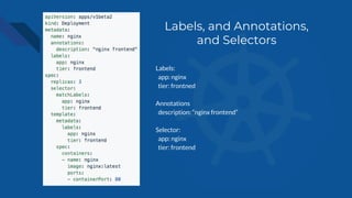 Labels:
app: nginx
tier: frontned
Annotations
description: “nginx frontend”
Selector:
app: nginx
tier: frontend
Labels, and Annotations,
and Selectors
 