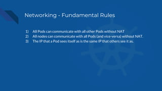 Networking - Fundamental Rules
1) All Pods can communicate with all other Pods without NAT
2) All nodes can communicate wi...