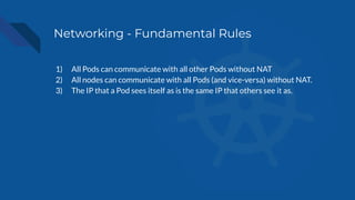 Networking - Fundamental Rules
1) All Pods can communicate with all other Pods without NAT
2) All nodes can communicate with all Pods (and vice-versa) without NAT.
3) The IP that a Pod sees itself as is the same IP that others see it as.
 