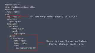apiVersion: v1
kind: ReplicationController
metadata:
name: nginx
spec:
replicas: 3
selector:
app: nginx
template:
metadata:
name: nginx
labels:
app: nginx
spec:
containers:
- name: nginx
image: nginx
ports:
- containerPort: 80
On how many nodes should this run?
Describes our Docker container
Ports, storage needs, etc.
 