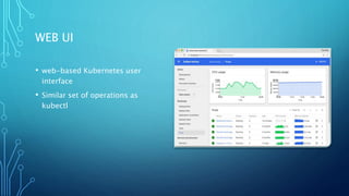WEB UI
• web-based Kubernetes user
interface
• Similar set of operations as
kubectl
 