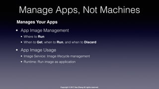 Copyright © 2017 Hao Zhang All rights reserved.
Manage Apps, Not Machines
Manages Your Apps
• App Image Management
• Where to Run
• When to Get, when to Run, and when to Discard
• App Image Usage
• Image Service: Image lifecycle management
• Runtime: Run image as application
 