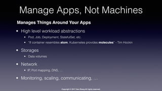 Copyright © 2017 Hao Zhang All rights reserved.
Manage Apps, Not Machines
Manages Things Around Your Apps
• High level workload abstractions
• Pod, Job, Deployment, StatefulSet, etc.
• “If container resembles atom, Kubernetes provides molecules” - Tim Hockin
• Storages
• Data volumes
• Network
• IP, Port mapping, DNS, …
• Monitoring, scaling, communicating, …
 