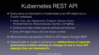 Copyright © 2017 Hao Zhang All rights reserved.
Kubernetes REST API
• Every piece of information in Kubernetes is an API object (a.k.a
Cluster metadata)
• Node, Pod, Job, Deployment, Endpoint, Service, Event,
PersistentVolume, ResourceQuota, Secrets, ConﬁgMap, ……
• Schema and data model explicitly deﬁned and enforced
• Every API object has a UID and version number
• Micro-services can perform CRUD on API objects through REST
• Desired state in cluster is achieved by collaborations of separate
autonomous entities reacting on changes of one or more API
object(s) they are interested in
 