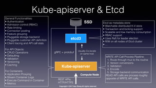 Copyright © 2017 Hao Zhang All rights reserved.
Kube-apiserver & Etcd
Etcd as metadata store:
• Watchable distributed K-V store
• Transaction and locking support
• Scalable and low memory consumption
• RBAC support
• Uses Raft for leader election
• R/W on all nodes of Etcd cluster
• …
General Functionalities:
• Authentication
• Admission control (RBAC)
• Rate limiting
• Connection pooling
• Feature grouping
• Pluggable storage backend
• Pluggable customer API deﬁnition
• Client tracing and API call stats
For API Objects:
• CRUD Operations
• Defaulting
• Validation
• Versioning
• Caching
For Containers:
• Application Proxying
• Stream Container Logs
• Execute Command in Container
• Metrics
WRITE API Call Process Pipeline:
1. Route through mux to the routine
2. Version conversions
3. Validation
4. Encode
5. Storage backend communication
READ API calls are process roughly
opposite of WRITE API calls.
etcd3
Kube-apiserver
gRPC + protobuf
REST APIs:
HTTP/HTTPS
Compute Node
Usually Co-locate
on same host
SSD
 