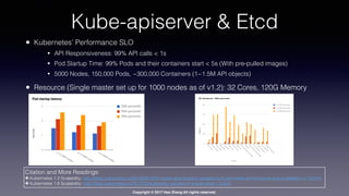Copyright © 2017 Hao Zhang All rights reserved.
Kube-apiserver & Etcd
• Kubernetes’ Performance SLO
• API Responsiveness: 99% API calls < 1s
• Pod Startup Time: 99% Pods and their containers start < 5s (With pre-pulled images)
• 5000 Nodes, 150,000 Pods, ~300,000 Containers (1~1.5M API objects)
• Resource (Single master set up for 1000 nodes as of v1.2): 32 Cores, 120G Memory
Citation and More Readings:
✤ Kubernetes 1.2 Scalability: http://blog.kubernetes.io/2016/03/1000-nodes-and-beyond-updates-to-Kubernetes-performance-and-scalability-in-12.html
✤ Kubernetes 1.6 Scalability: http://blog.kubernetes.io/2017/03/scalability-updates-in-kubernetes-1.6.html
 