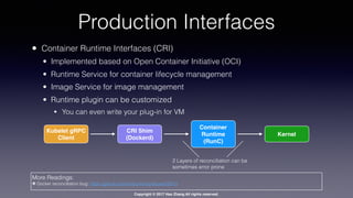 Copyright © 2017 Hao Zhang All rights reserved.
Production Interfaces
• Container Runtime Interfaces (CRI)
• Implemented based on Open Container Initiative (OCI)
• Runtime Service for container lifecycle management
• Image Service for image management
• Runtime plugin can be customized
• You can even write your plug-in for VM
Kubelet gRPC
Client
CRI Shim
(Dockerd)
Container
Runtime
(RunC)
Kernel
2 Layers of reconciliation can be
sometimes error prone
More Readings:
✤ Docker reconciliation bug: https://github.com/moby/moby/issues/32413
 