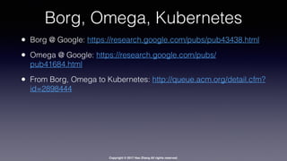 Copyright © 2017 Hao Zhang All rights reserved.
Borg, Omega, Kubernetes
• Borg @ Google: https://research.google.com/pubs/pub43438.html
• Omega @ Google: https://research.google.com/pubs/
pub41684.html
• From Borg, Omega to Kubernetes: http://queue.acm.org/detail.cfm?
id=2898444
 