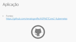 Aplicação
• Fontes:
https://github.com/renatogroffe/ASPNETCore2_Kubernetes
 
