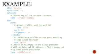 14
kind: Service
apiVersion: v1
metadata:
# Unique key of the Service instance
name: service-example
spec:
ports:
# Accept traffic sent to port 80
- name: http
port: 80
targetPort: 80
selector:
# Loadbalance traffic across Pods matching
# this label selector
app: nginx
# Create an HA proxy in the cloud provider
# with an External IP address - *Only supported
# by some cloud providers*
type: LoadBalancer
 