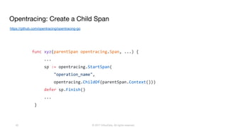 © 2017 InfluxData. All rights reserved.40
func xyz(parentSpan opentracing.Span, ...) {
...
sp := opentracing.StartSpan(
"operation_name",
opentracing.ChildOf(parentSpan.Context()))
defer sp.Finish()
...
}
https://github.com/opentracing/opentracing-go
Opentracing: Create a Child Span
 