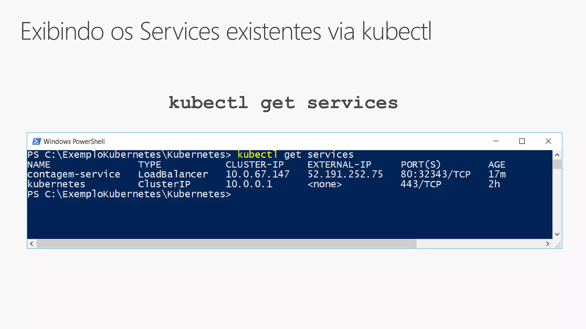 Exibindo os Services existentes via kubectl
kubectl get services
 