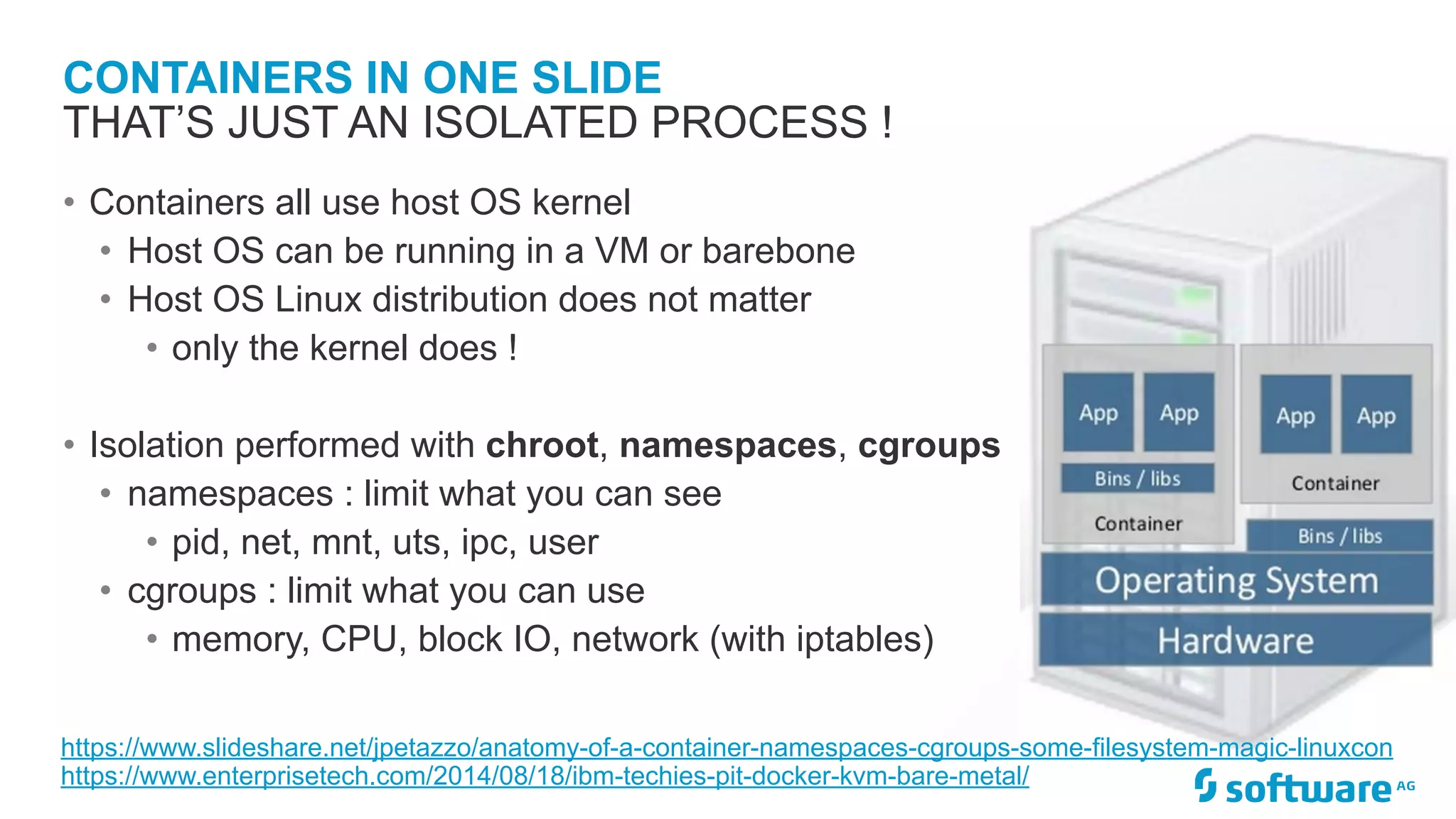 CONTAINERS IN ONE SLIDE • Containers all use host OS kernel • Host OS can be running in a VM or barebone • Host OS Linux distribution does not matter • only the kernel does ! • Isolation performed with chroot, namespaces, cgroups • namespaces : limit what you can see • pid, net, mnt, uts, ipc, user • cgroups : limit what you can use • memory, CPU, block IO, network (with iptables) THAT’S JUST AN ISOLATED PROCESS ! https://www.slideshare.net/jpetazzo/anatomy-of-a-container-namespaces-cgroups-some-filesystem-magic-linuxcon https://www.enterprisetech.com/2014/08/18/ibm-techies-pit-docker-kvm-bare-metal/ 
