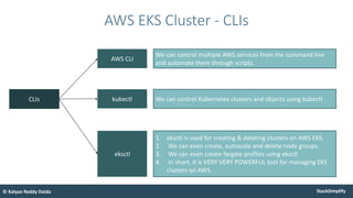 StackSimplify
© Kalyan Reddy Daida
AWS EKS Cluster - CLIs
CLIs
AWS CLI
kubectl
eksctl
We can control multiple AWS services from the command line
and automate them through scripts.
We can control Kubernetes clusters and objects using kubectl
1. eksctl is used for creating & deleting clusters on AWS EKS.
2. We can even create, autoscale and delete node groups.
3. We can even create fargate profiles using eksctl
4. In short, it is VERY VERY POWERFUL tool for managing EKS
clusters on AWS.
 