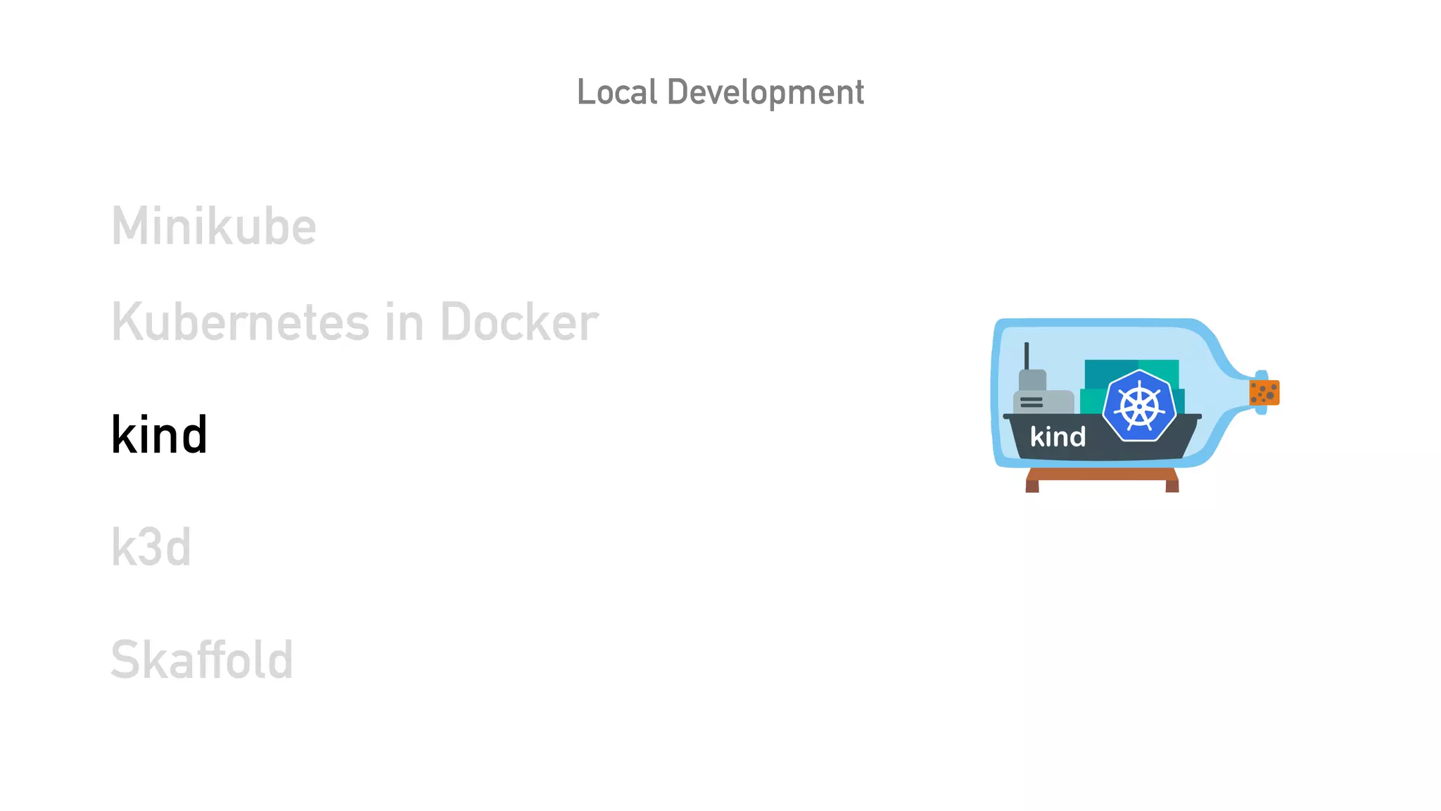 Local Development
Minikube
Kubernetes in Docker
kind
k3d
Skaffold
 