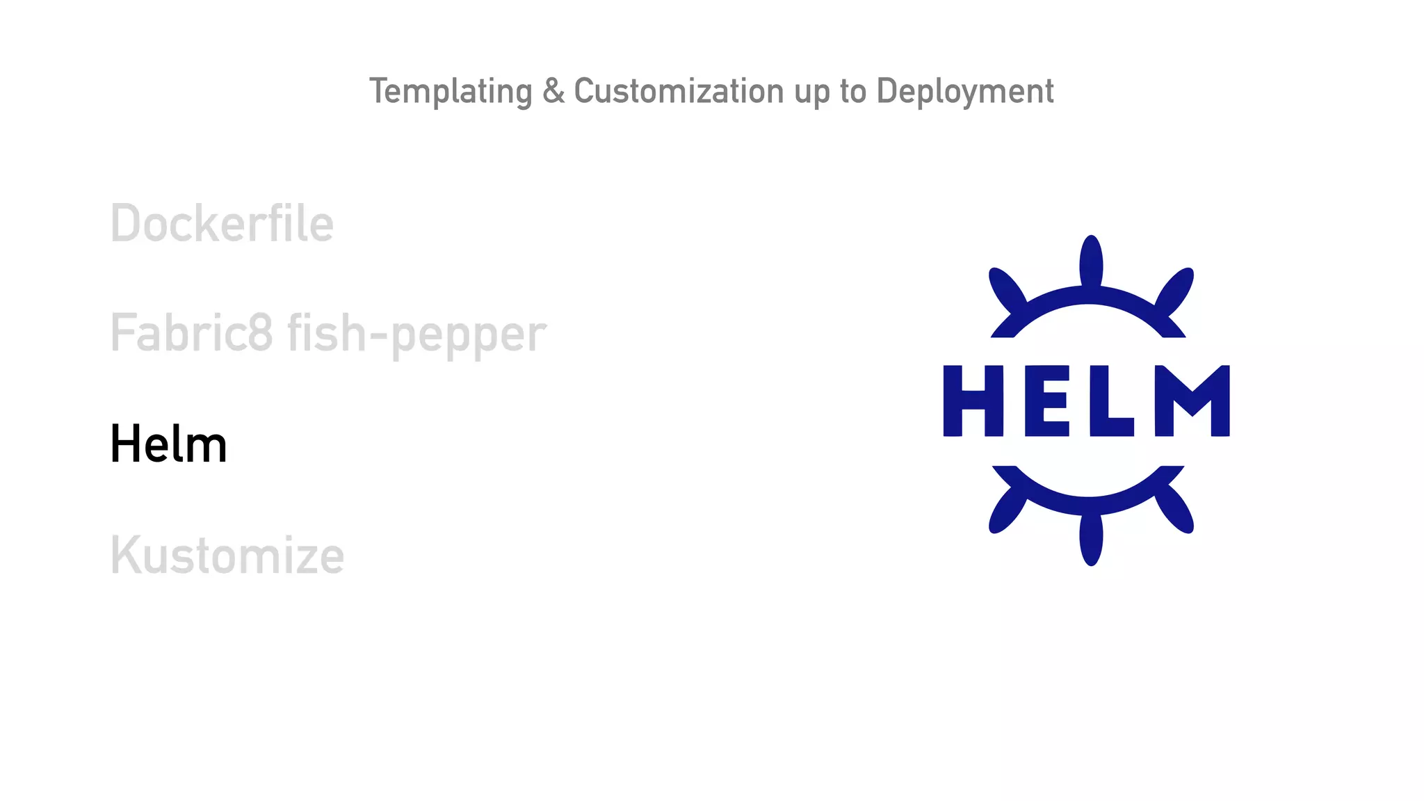 Templating & Customization up to Deployment
Dockerfile
Fabric8 fish-pepper
Helm
Kustomize
 