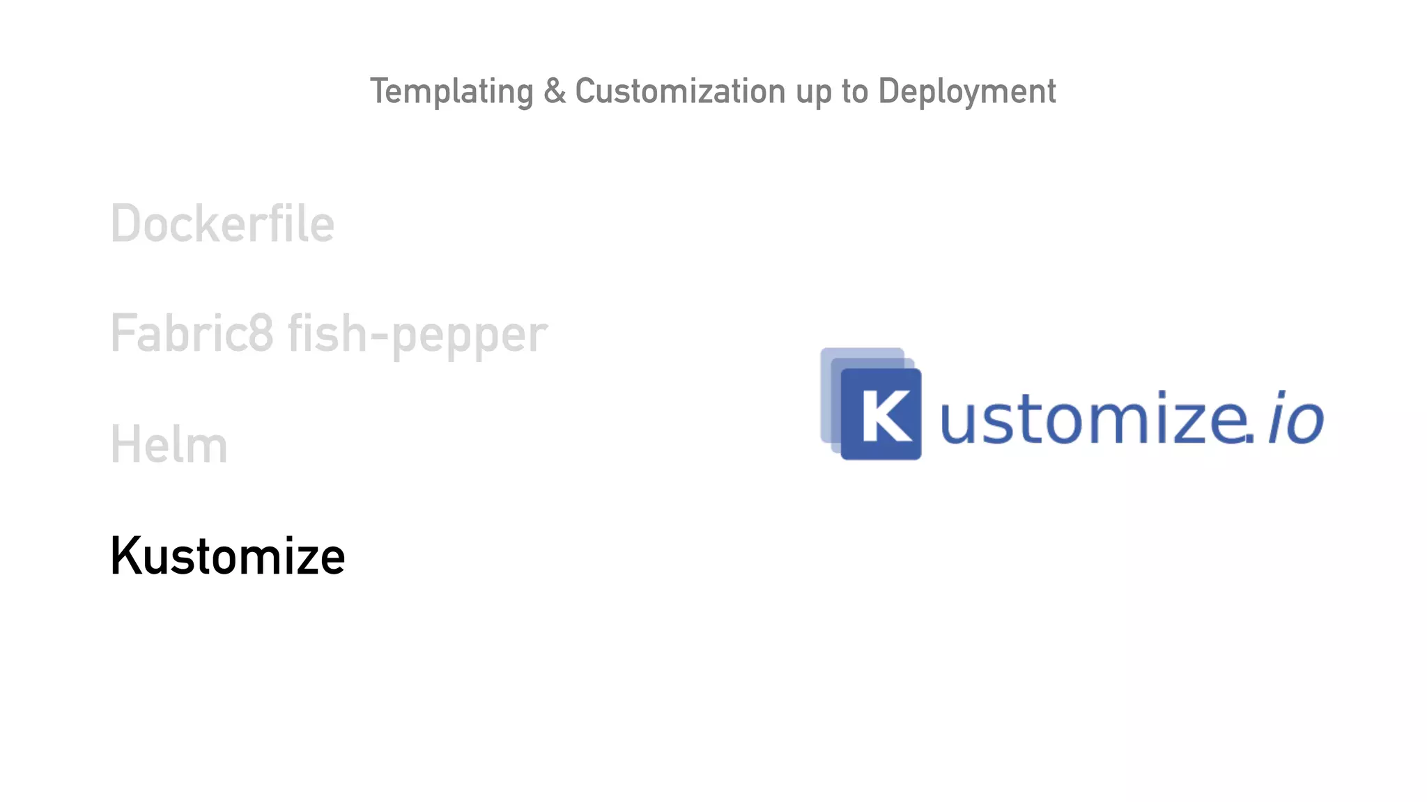 Templating & Customization up to Deployment
Dockerfile
Fabric8 fish-pepper
Helm
Kustomize
 