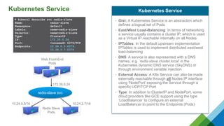Kubernetes Service
▶ kubectl describe svc redis-slave
Name: redis-slave
Namespace: default
Labels: name=redis-slave
Selector: name=redis-slave
Type: ClusterIP
IP: 172.30.0.24
Port: <unnamed> 6379/TCP
Endpoints: 10.24.0.5:6379,
10.24.2.7:6379
Redis Slave
Pods
redis-slave svc
10.24.0.5/16 10.24.2.7/16
172.30.0.24
• Gist: A Kubernetes Service is an abstraction which
defines a logical set of Pods
• East/West Load-Balancing: In terms of networking
a service usually contains a cluster IP, which is used
as a Virtual IP reachable internally on all Nodes
• IPTables: In the default upstream implementation
IPTables is used to implement distributed east/west
load-balancing
• DNS: A service is also represented with a DNS
names, e.g. ’redis-slave.cluster.local’ in the
Kubernetes dynamic DNS service (SkyDNS) or
through environment variable injection
• External Access: A K8s Service can also be made
externally reachable through all Nodes IP interface
using ‘NodePort’ exposing the Service through a
specific UDP/TCP Port
• Type: In addition to ClusterIP and NodePort, some
cloud providers like GCE support using the type
‘LoadBalancer’ to configure an external
LoadBalancer to point to the Endpoints (Pods)
Kubernetes Service
Web Front-End
Pods
 